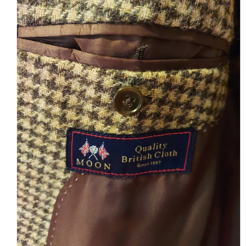 Moon British Cloth Mens Vintage Houndstooth Tweed Wool Blazer Elbow Patches 42